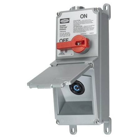 HUBBELL WIRING DEVICE-KELLEMS Industrial Grade, Lever Actuated, Switched Twist-Lock Enclosure With pre-wired HBL2720 Receptacle, 30A Twist-Lock®, 3 Phase 240 V AC, NEMA L15-30R. SE2720A